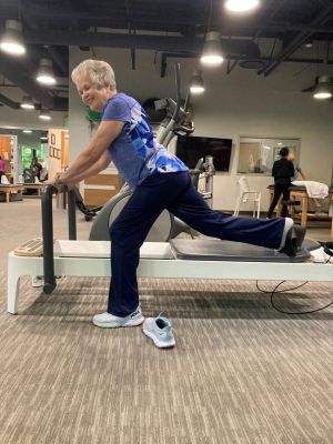 Bev Mast participating in physical therapy to help her hip recover following her total hip replacement.