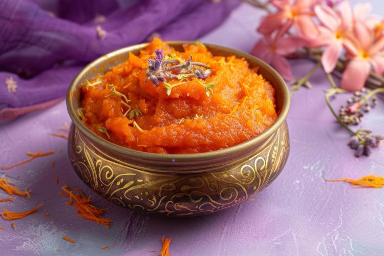 Gajar Ka Halwa served in a gold bowl.